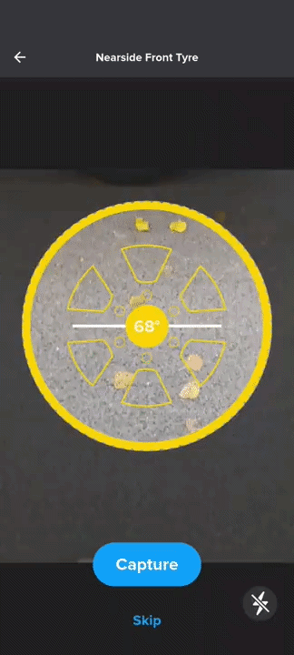 Tire Sidewall capture guidance with circular overlay and angle indicator