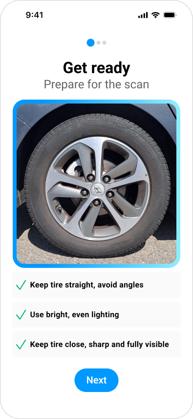 Tire Sidewall onboarding card 1 sample UI